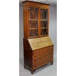 A 19TH CENTURY INLAID-MAHOGANY AND SATINWOOD CROSSBANDED BUREAU BOOKCASE the upper part with two