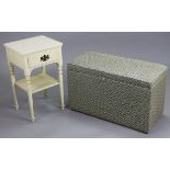 A white-finish wood two-tier bedside table, fitted drawer to the upper tier, & on turned legs, 16”