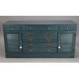 An Ethan Allen (American) blue-painted low dresser unit, fitted with an arrangement of five drawers