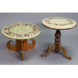A beech occasional table inset floral border to the white marble top, & on turned centre column &