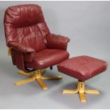 A Unico (Danish) crimson leatherette swivel easy chair; & a ditto rectangular footstool.