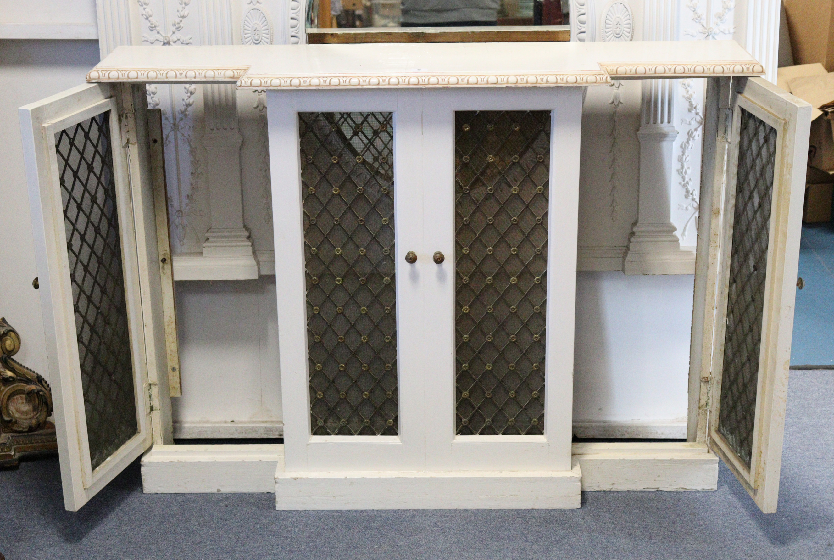 A white & cream painted wooden break-front radiator cover with moulded edge enclosed by two pairs of - Image 2 of 7