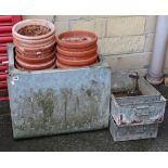 A galvanised-metal rectangular water-tank, 24” wide x 19½” high x 18” deep.