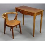 A teak tub-shaped chair with a padded seat & on square tapered legs; & an inlaid-mahogany side table