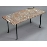 A low coffee table with a marble top, & on four iron legs, 36” wide x 16¼” high.