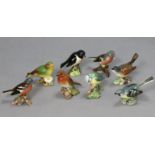 Eight various Beswick bird ornaments including “Blue Tit”, “Grey Wagtail”, “Whitethroat”, etc.