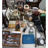 Two fibre-covered suitcases; an oak biscuit barrel; various cutlery; & sundry other items.