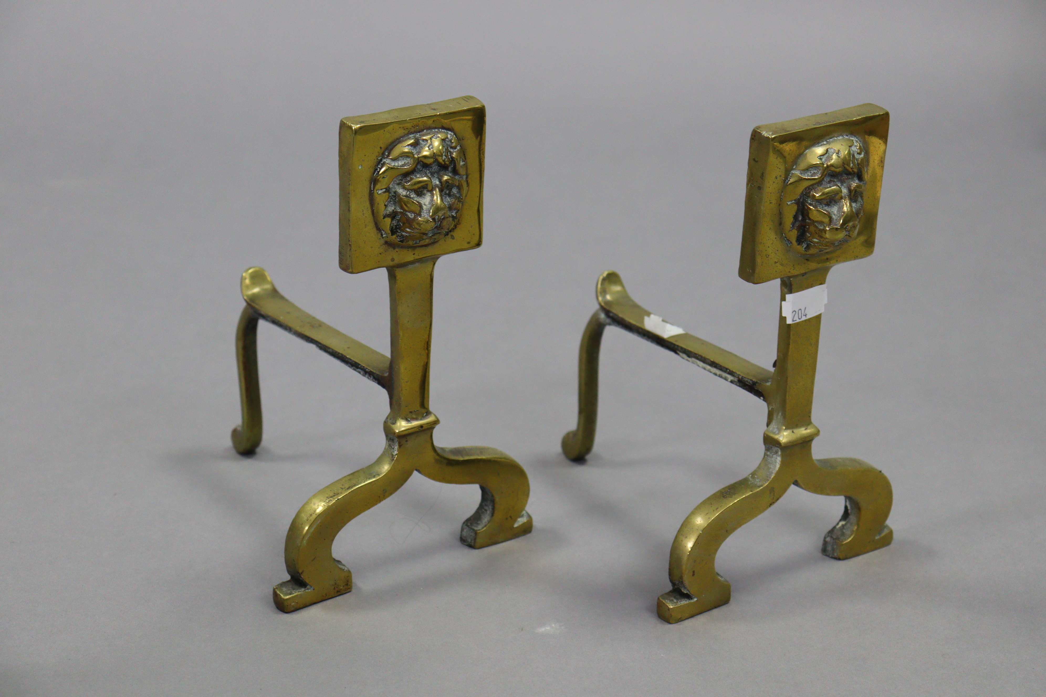 A brass fender, 45” long; together with a pair of brass fire dogs; & a set of four brass fire - Image 3 of 3