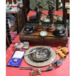 A pair of bronzed speltre figures, 17” high; a lacquer tray, mother-of-pearl candle snuffer, etc.