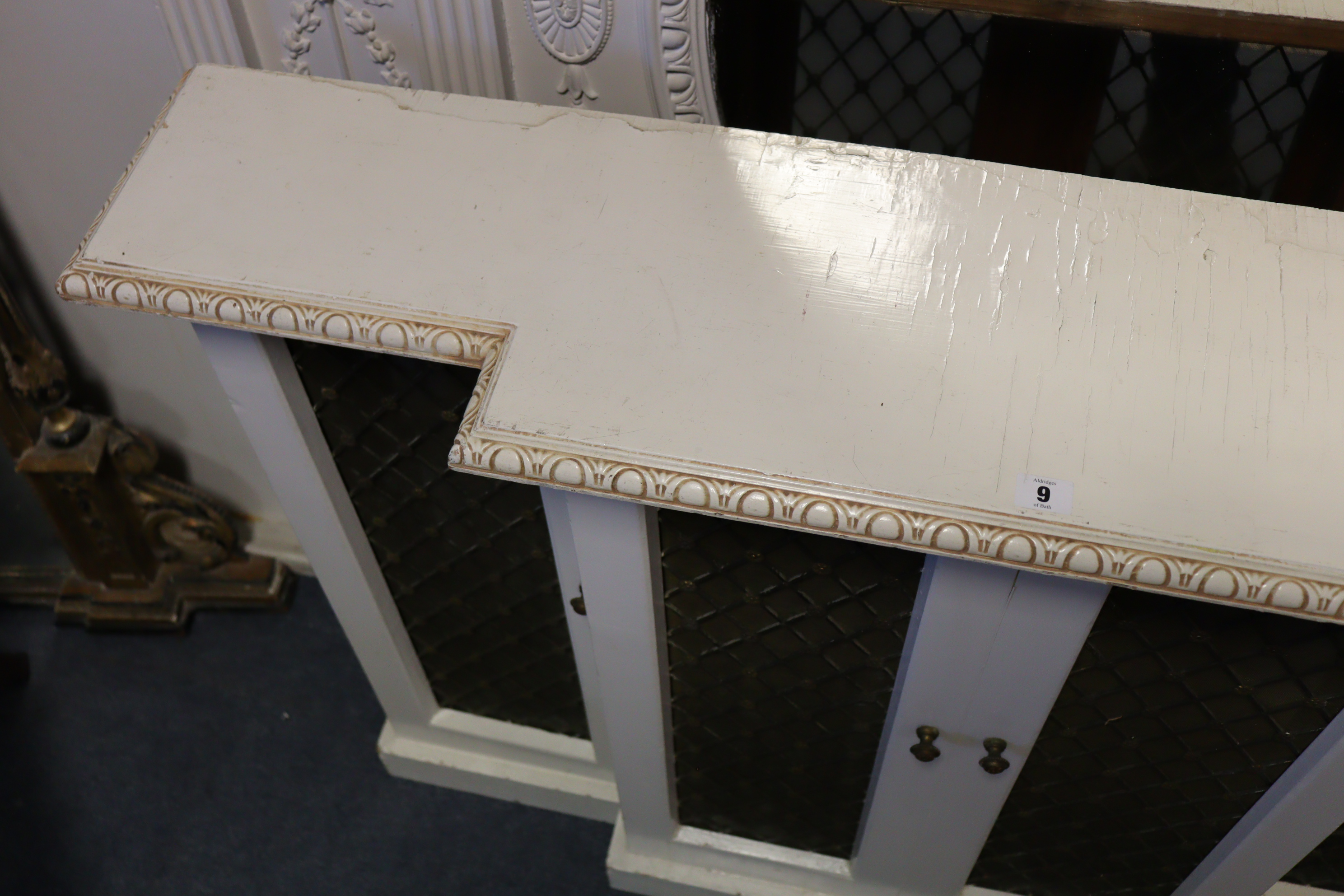 A white & cream painted wooden break-front radiator cover with moulded edge enclosed by two pairs of - Image 7 of 7