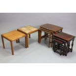 Two Danish teak square occasional tables; & two nests of three occasional tables.