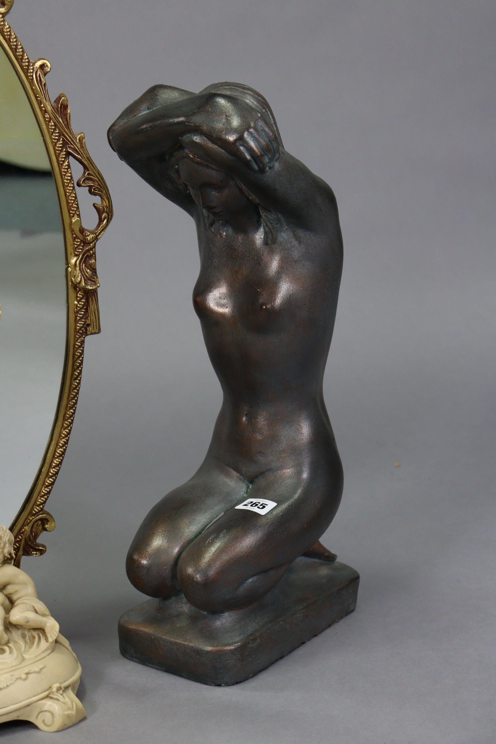 A bronzed composition nude female sculpture, 19” high; together with a gilt-frame oval wall - Image 2 of 5