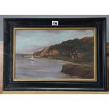 An naive oil painting on board of a gloomy coastal landscape with sailing boat in the background,