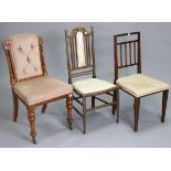 A late 19th century carved beech-frame dining chair with buttoned back & sprung seat, & on