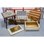 A pine Welsh cawl spoon rack; wo stools; together with various decorative pictures; & sundry other