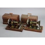 A Vintage Jones’ hand sewing machine; and a Singer hand sewing machine, each with case.