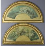 A pair of late 18th century painted fan leaves, allegorical of Day & Night, in matching glazed