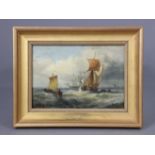 JAMES WEBB (1825-1895). A small sketch of sailing vessels in stormy seas, oil on board; signed “Jas.
