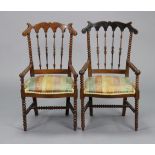 A pair of mahogany child’s elbow chairs with bobbin & ring-turned supports, spindle backs with