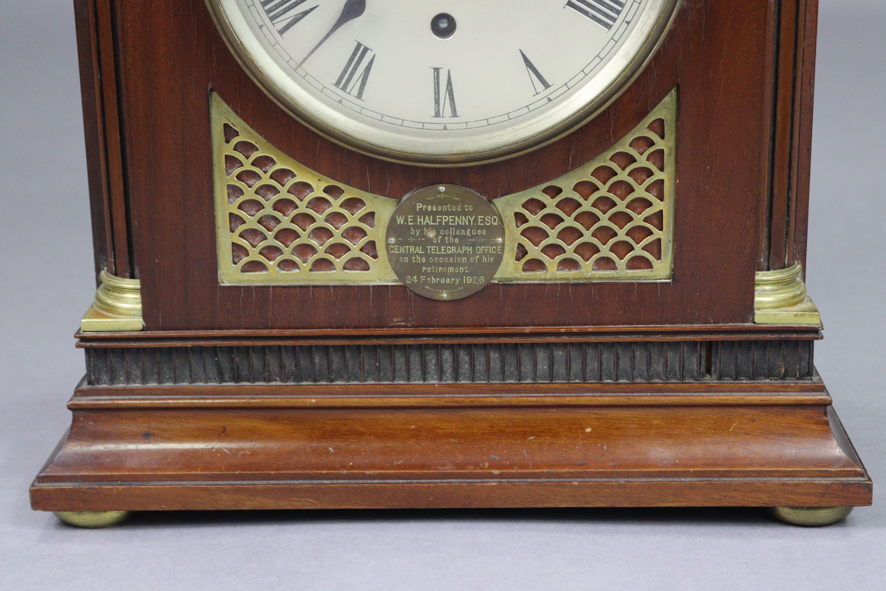 An Edwardian bracket clock in mahogany & brass architectural case with presentation plaque, the - Image 2 of 5
