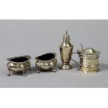 An Edwardian silver drum mustard pot with gadrooned rim, London 1906 by George Fox; a pair of