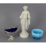 A Parian ware model of a classical standing female figure on pedestal base, 12¾” high; a blue