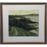 JOHN BRUNSDON (1933-2014). “Clwydian Range II”, coloured etching, 15” x 17¼”, signed, titled, &