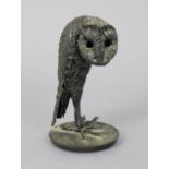 A contemporary bronze sculpture of a barn owl, on circular platform base, 7½” high.