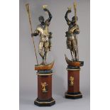 A PAIR OF LATE 19th/EARLY 20thC VENETIAN POLYCHROME BLACKAMOOR GONDELIER FIGURES, each standing on