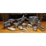 A silver-plated drum mustard pot, sugar basin & milk jug, & various other items of plated-ware.