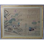 A 20th century Chinese School large watercolour painting on silk depicting water fowl amongst