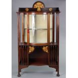 SHAPLAND AND PETTER: A MAHOGANY DISPLAY CABINET WITH INLAID ART NOUVEAU MARQUETRY DECORATION, the