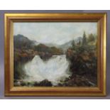 GEORGE BAIN (1881-1968) A highland river landscape with a figure above a waterfall; Signed lower