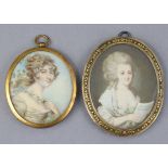 Two 19th century head-&-shoulders oval portrait miniatures, each in gilt-metal frame, 3½” x 2¾” &