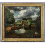 FRENCH SCHOOL, 19th century. An impressionist rural landscape with figures at a canal lock; Oil on