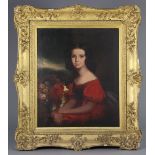 ENGLISH SCHOOL, 19th century. Portrait of a young girl wearing red dress, seated with a spaniel. Oil
