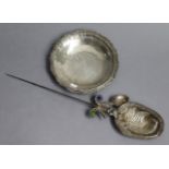 A Peruvian sterling circular shallow dish with scroll border, 9½” dia. (12oz); & a South American
