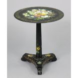 A Victorian pedestal table with floral painted circular slate top, on tapered centre column &