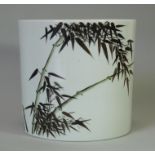 A Chinese porcelain white-glazed brush pot, painted with bamboo stalks & calligraphy, & inscribed to