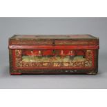 A 19th century Chinese leather-covered camphor wood trunk, with all-over painted floral & figure