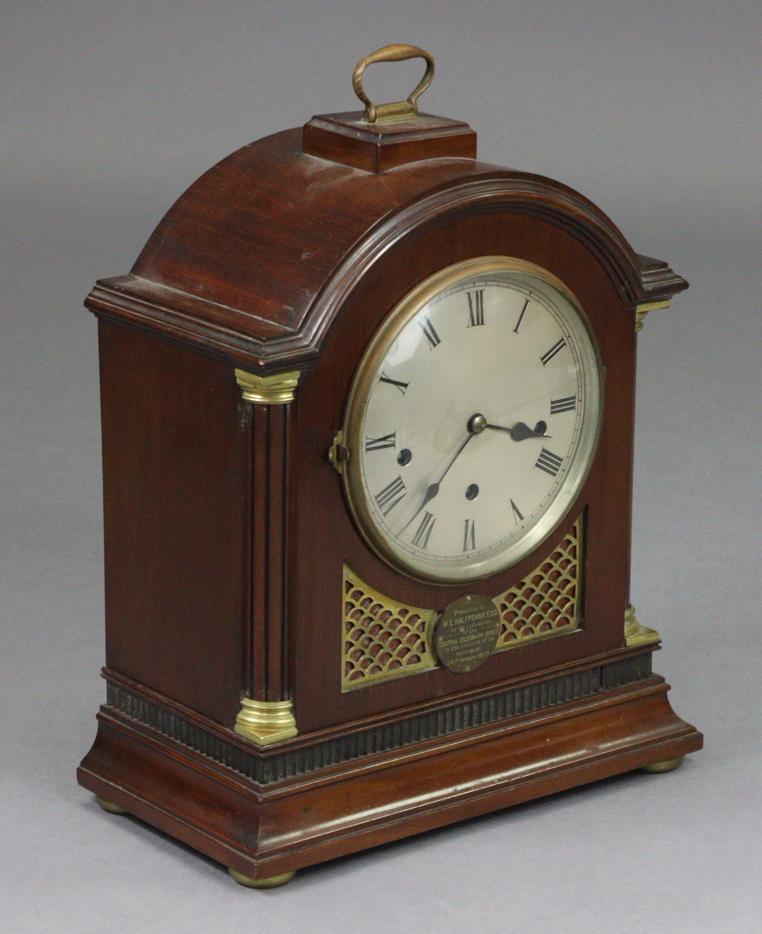 An Edwardian bracket clock in mahogany & brass architectural case with presentation plaque, the - Image 3 of 5
