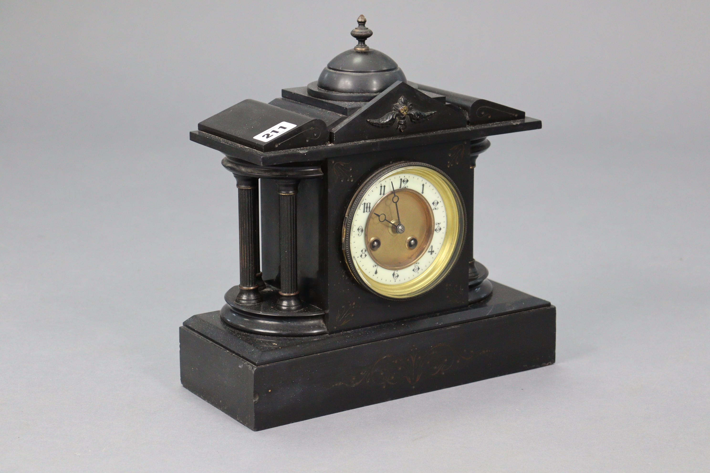A late 19th/early 20th century mantel clock with two-part dial & in black slate architectural - Image 2 of 3