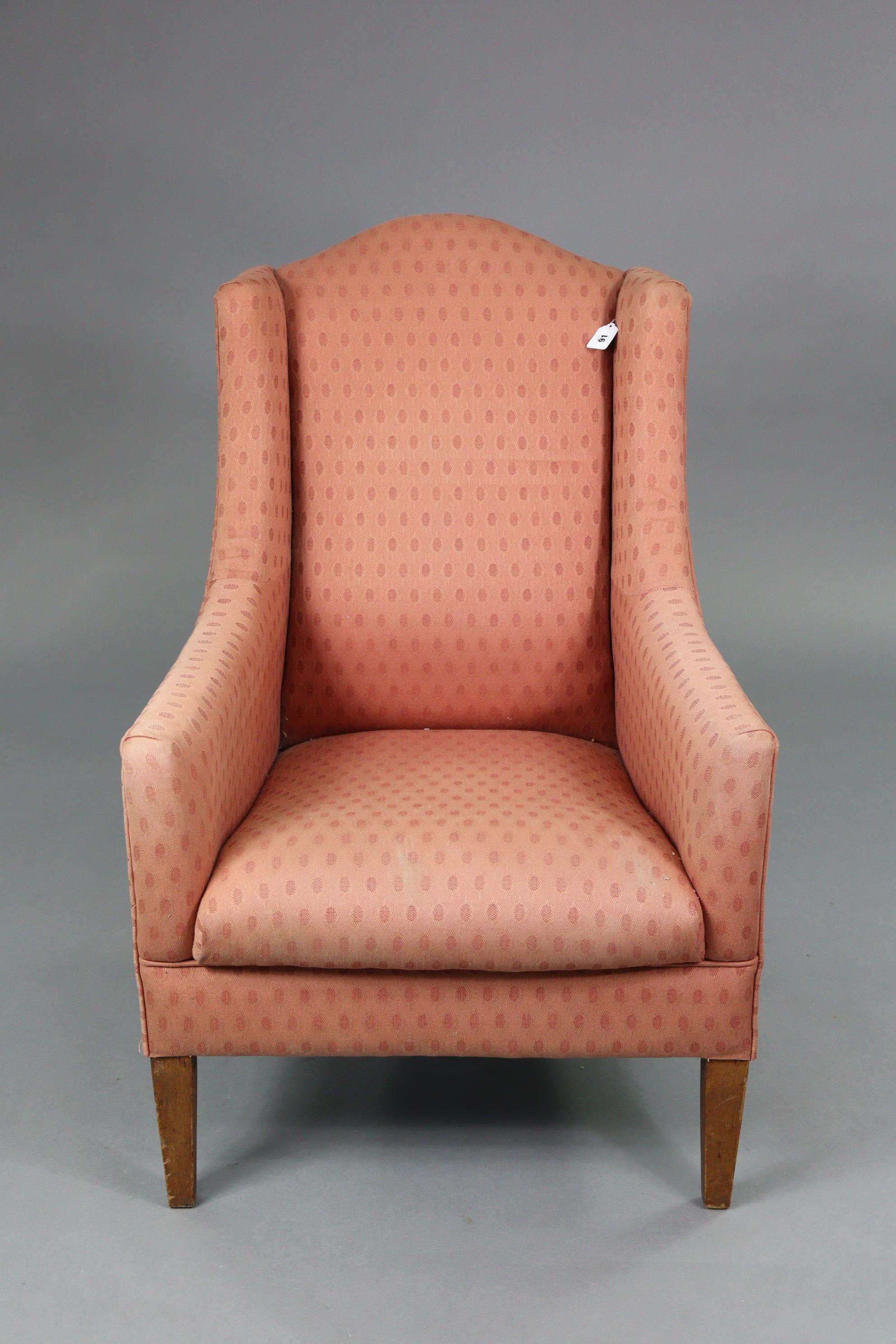 An Edwardian armchair with rounded back & sprung seat upholstered pink geometric material, & on - Image 2 of 3