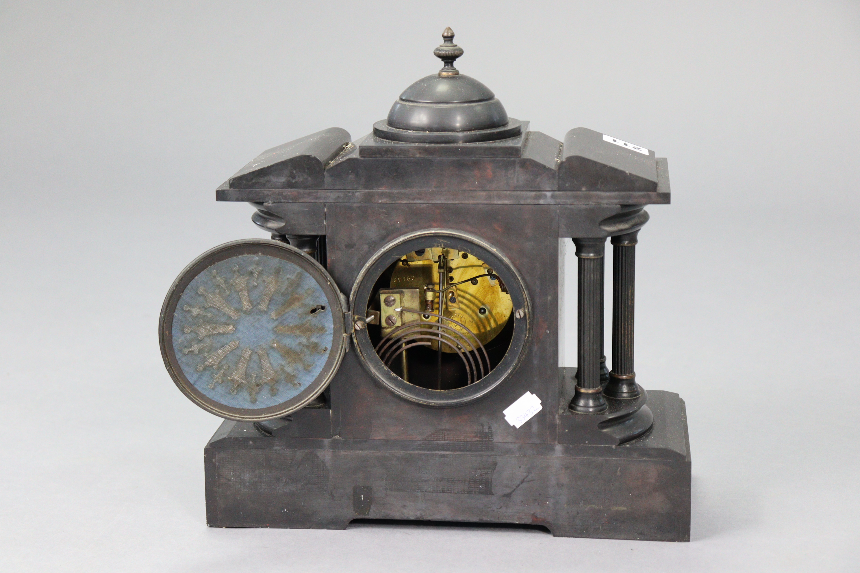 A late 19th/early 20th century mantel clock with two-part dial & in black slate architectural - Image 3 of 3