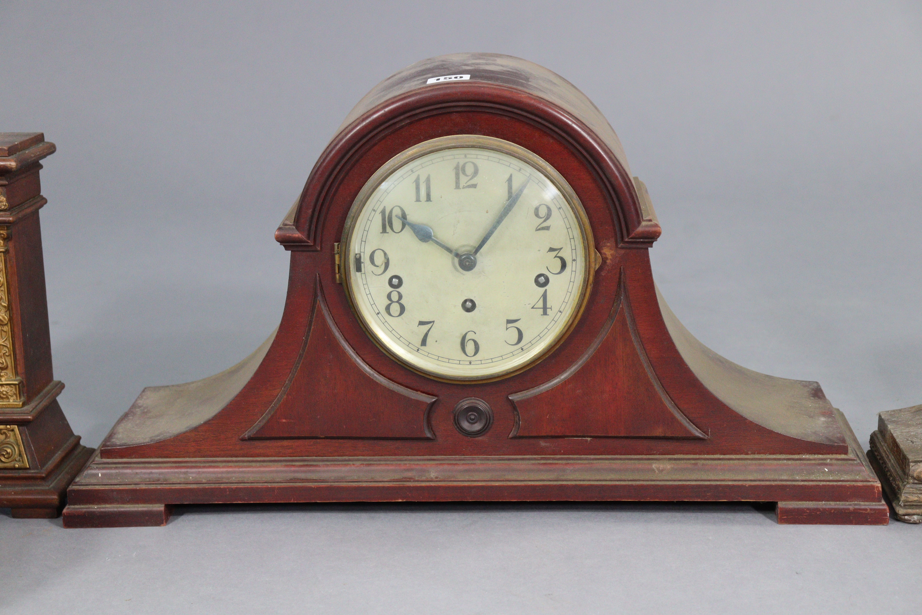 A 1930’s large mantel clock with a silvered dial, striking movement, & in a mahogany dome-top - Image 4 of 5
