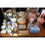 Three wooden trinket boxes; two glass decanters; various decorative ornaments, etc. (part w.a.f.).
