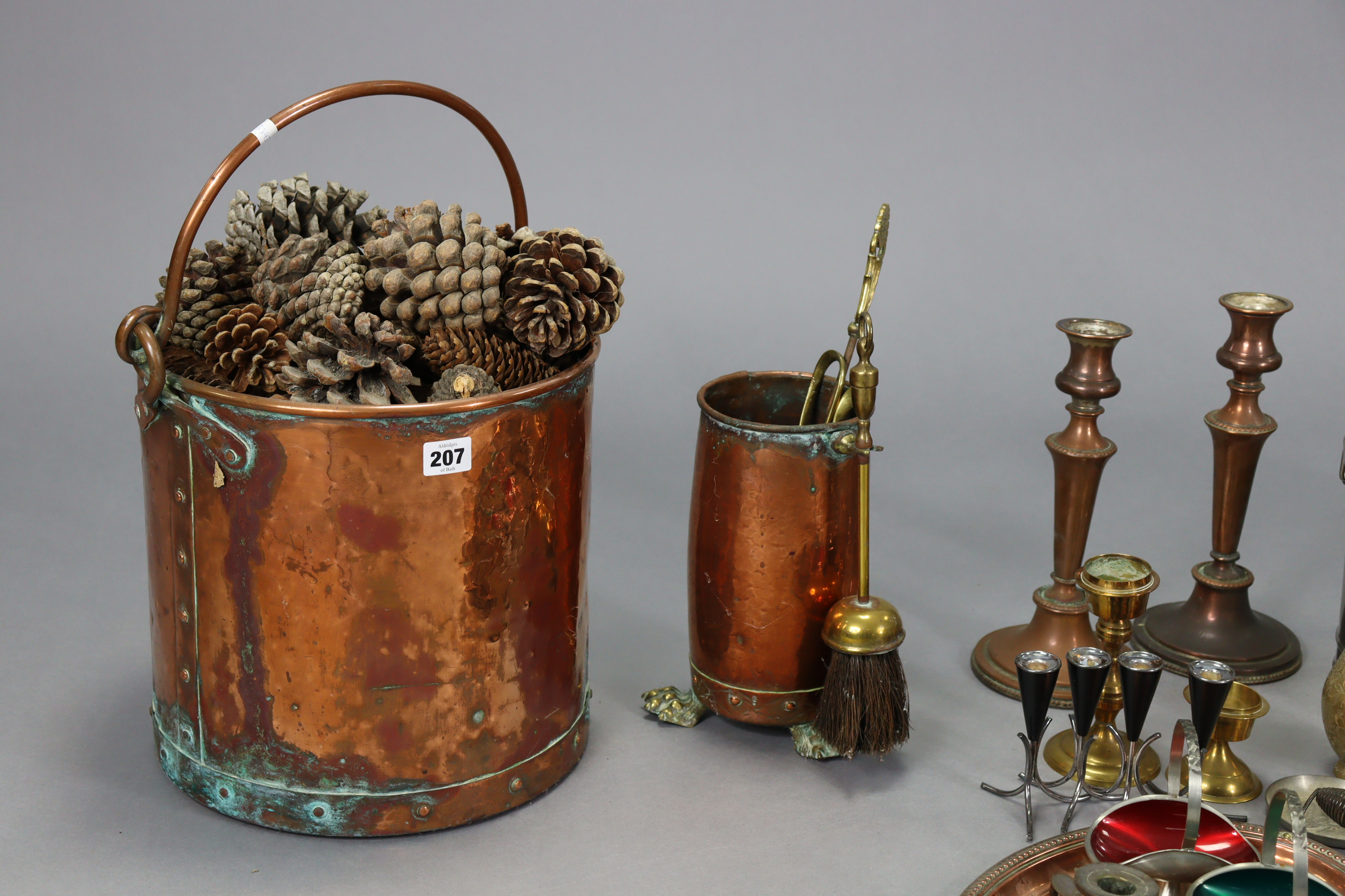 A copper cylindrical coal bucket, 11¾” high; a pair of copper candlesticks, 11” high; & various - Image 2 of 7