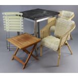A pair of silvered-metal & plastic fold-away garden chairs; together with a teak fold-away