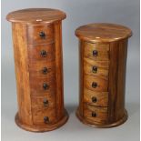 A teak cylindrical bedside chest fitted six long drawers, 15” diameter x 29½” high; & a smaller