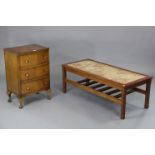 A walnut bow-front three-drawer bedside chest on short cabriole legs & pad feet, 18” wide; & a